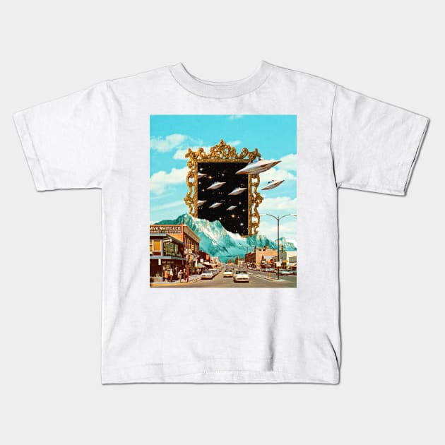 Alien visit collage art Kids T-Shirt by CollageSoul